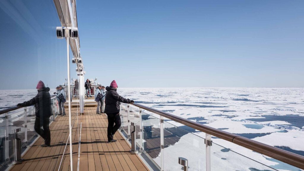 View from the ship of the pack of icebergs in the Arctic region